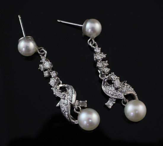 A pair of white gold, diamond and cultured pearl drop earrings, drop 1.5in.